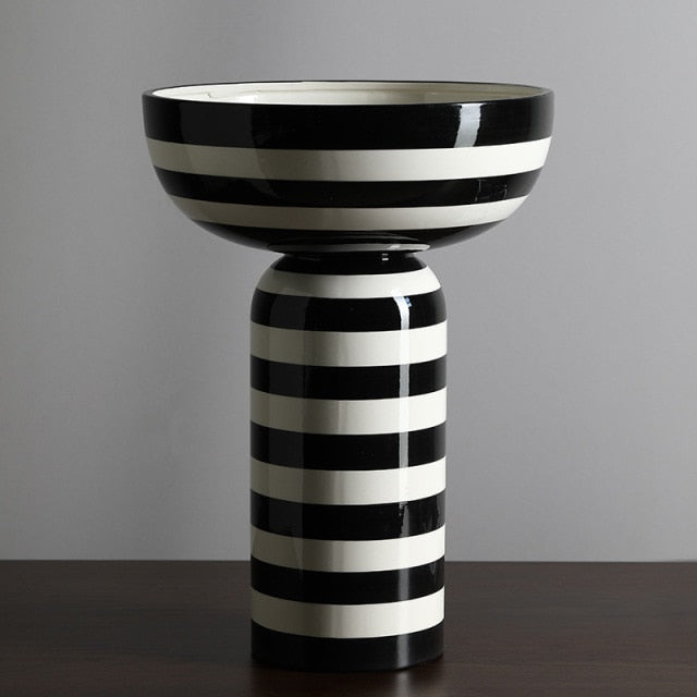 Black & White Striped Ceramic Flower Vase