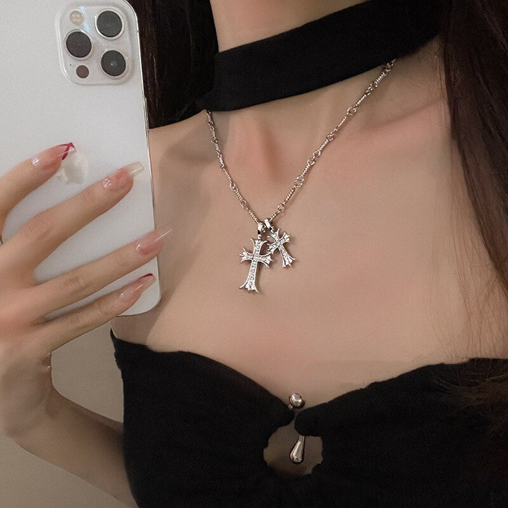Retro Double Cross Zircon Necklace