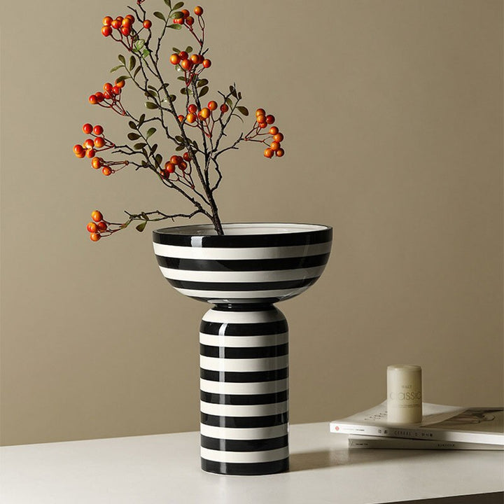 Black & White Striped Ceramic Flower Vase
